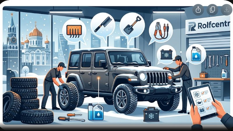Зимний пейзаж с автомобилем Jeep, подготовленным к морозам, для статьи о зимнем чек-листе.